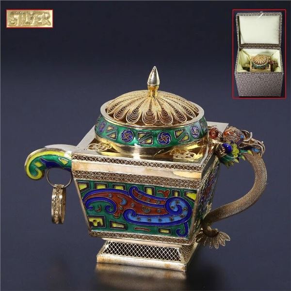 Pure Silver Gilded Filigree Enamel Cloisonné Dragon Teapot Incense Burner