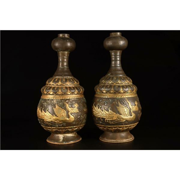Tang Dynasty Copper-Glazed Dragon and Phoenix Vases