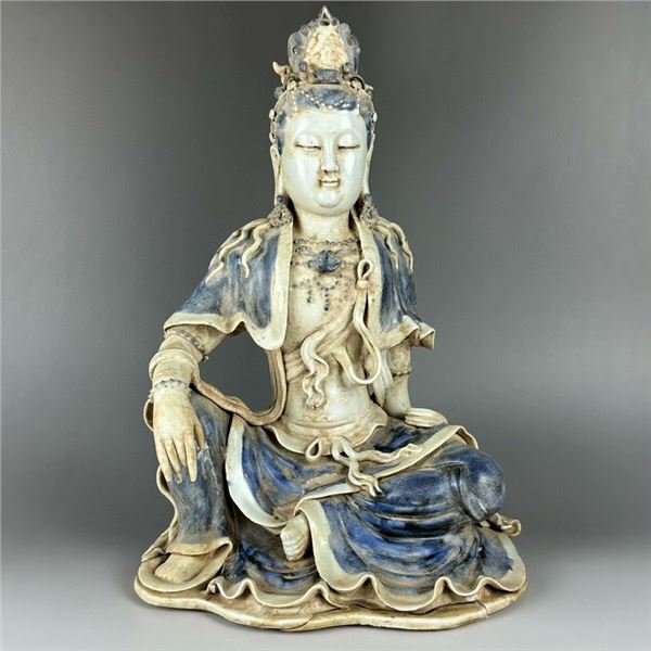 Yuan Dynasty Blue and White Sitting Guanyin Buddha Statue