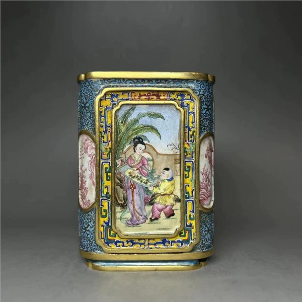 Cloisonné Enamel with Gilded Copper Figurative Square Brush Pot