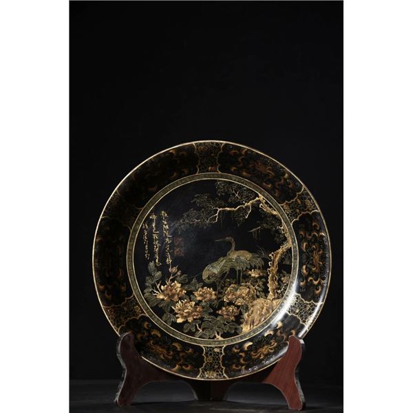 Antique Wood-Based Lacquered "Pine and Crane Longevity" Decorative Plate