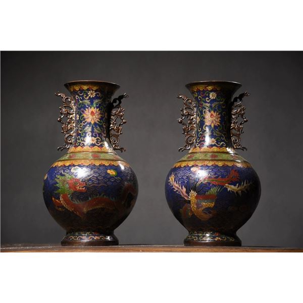 Cloisonné Dragon and Phoenix "Auspicious Union" Dragon-Eared Vases (Pair)