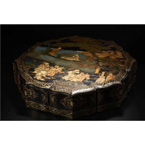 Antique Wood-Base Gold-Painted Cloisonné Abacus Box with "Eight Immortals Crossing the Sea"