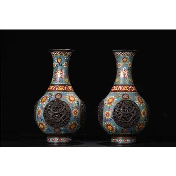 Copper-Based Cloisonné Dragon Motif Vases (Pair)