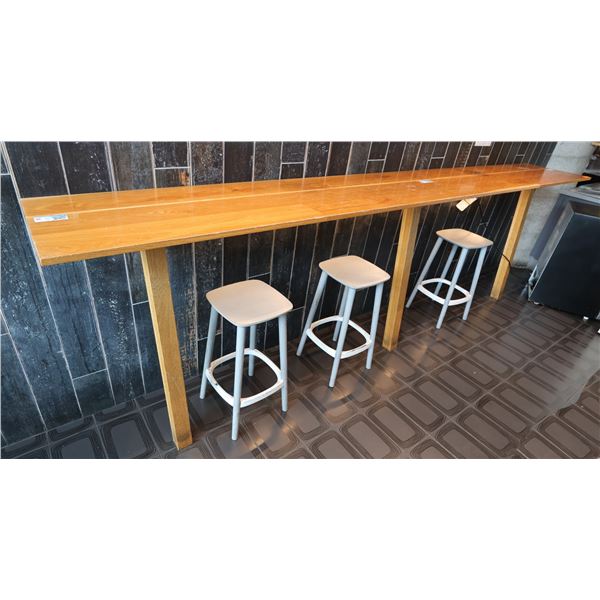 Wooden Bar-Height Counter 144" x 20" x 42"H & 3 Pedrali Stools Made in Italy 12.5" x 12.5" x 25.5"H