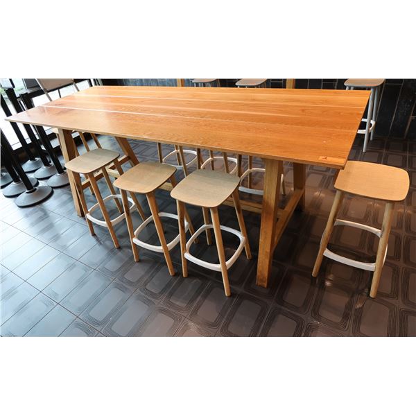 Wooden Table 96" x 36" x 36"H & 7 Pedrali Stools Made in Italy 12.5" x 12.5" x 25.5"H