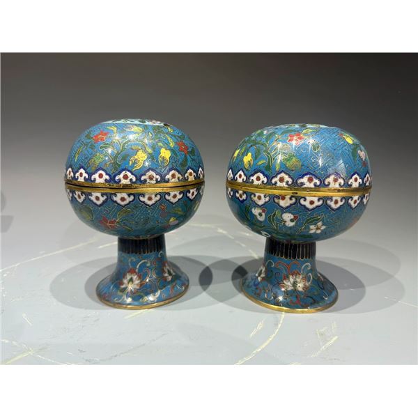 Pair of Cloisonné Spherical Covered Boxes with Floral Motifs