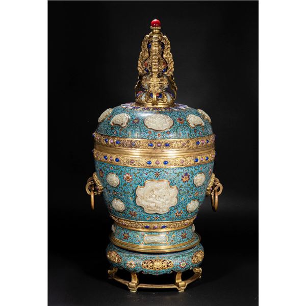 Cloisonné Enamel and Gem-Embedded Butter Lamp Holder
