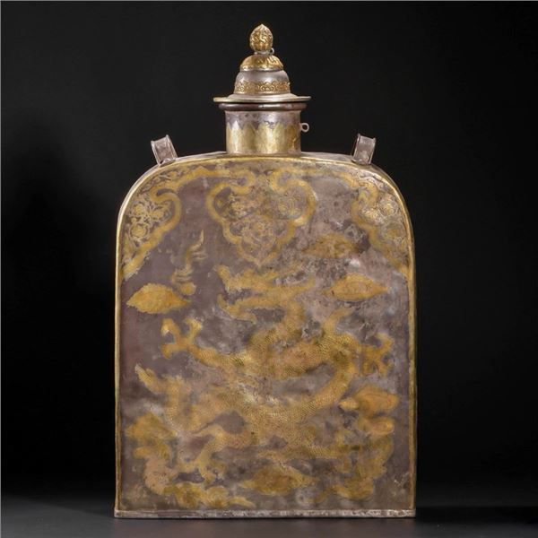 Silver Gilded Dragon-Patterned Flat Square Flask