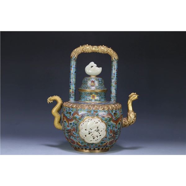Cloisonné Enamel Teapot with Hetian Jade Phoenix Handle