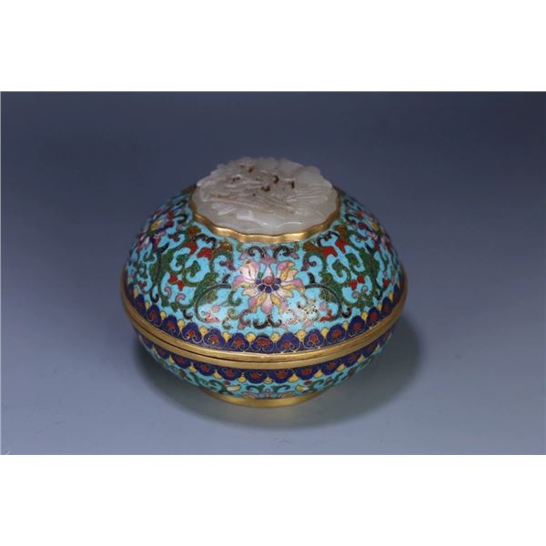 Cloisonné Enamel Inlaid with Hetian Jade Lidded Box