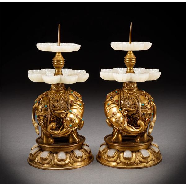 Gilded Copper Inlaid Gemstone Hetian Jade Elephant Candleholders