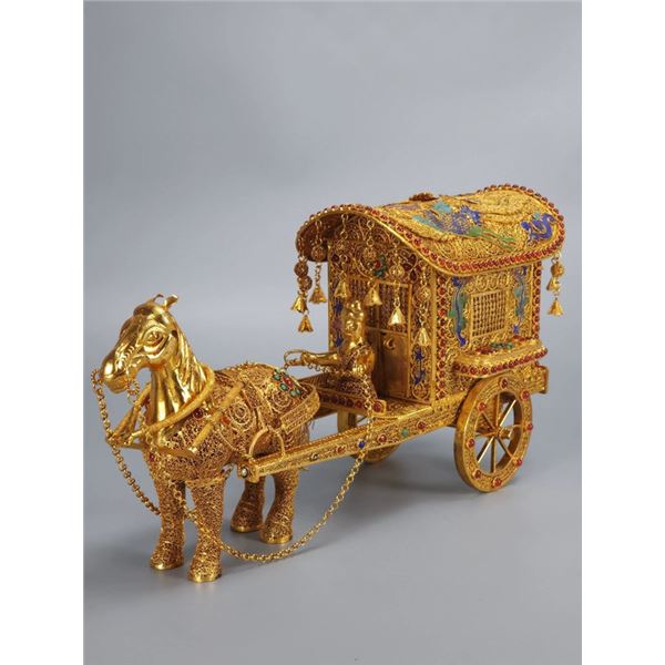 Gilded Gold Filigree Chariot with Horse