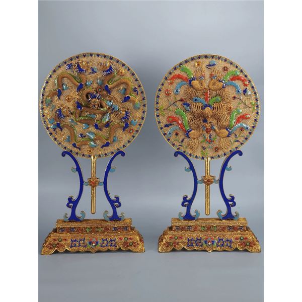 Gilded Copper Filigree Dragon and Phoenix Hand Fans