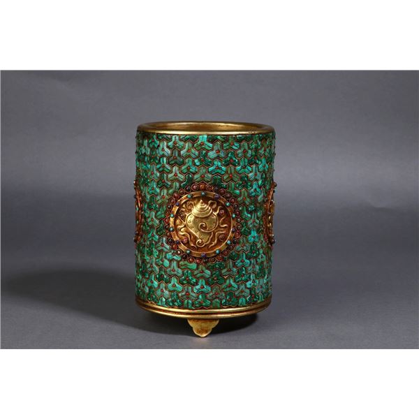 Gilded Copper Inlaid Gemstone Kailan Pen Holder Scholar Ornament