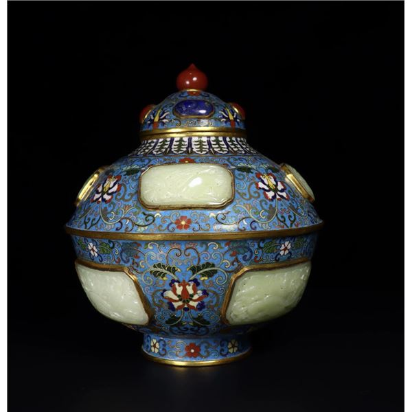 Cloisonné Enamel Jar with Hetian Jade Floral Motifs