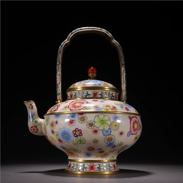 Gilded Copper Enamel-Decorated Flower-Patterned Kettle with Handle