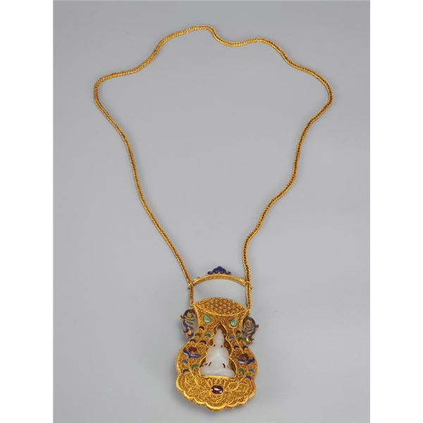 Silver-Gilded Buddha Amulet with Jade Inlay