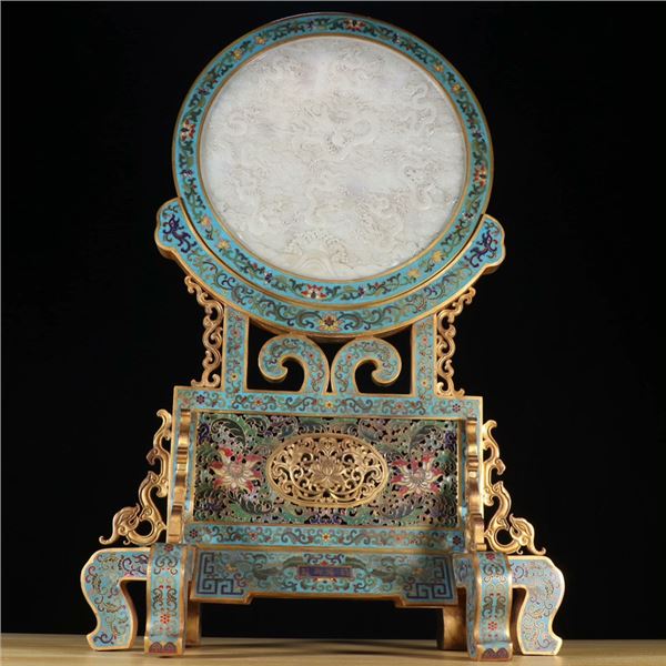 Cloisonné Enamel with Hetian Jade Dragon Motif Screen