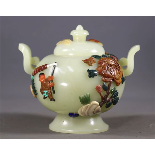 Hetian Jade Gold Inlay Flower Ewer