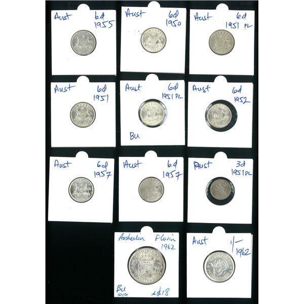 Australia, 1950-1962, Set of (11) Silver coins, including 3 pence (1), 6 pence (8), 1 Shilling (1) &