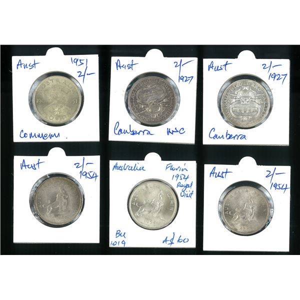 Australia, 1927 -1954, set of (6) Silver Florin coins, including 2 pcs of 1927 King George V Florin 