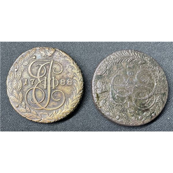 1781 & 1788, Russia, 5 Kopeks vintage coins, 1781 in VG- F condition; 1788 in XF.