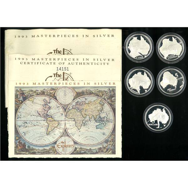 Australia, 1993, Set of (5), Masterpieces in Silver;  0.925 Silver Proof $5 Set (Mintage: 20,000 set