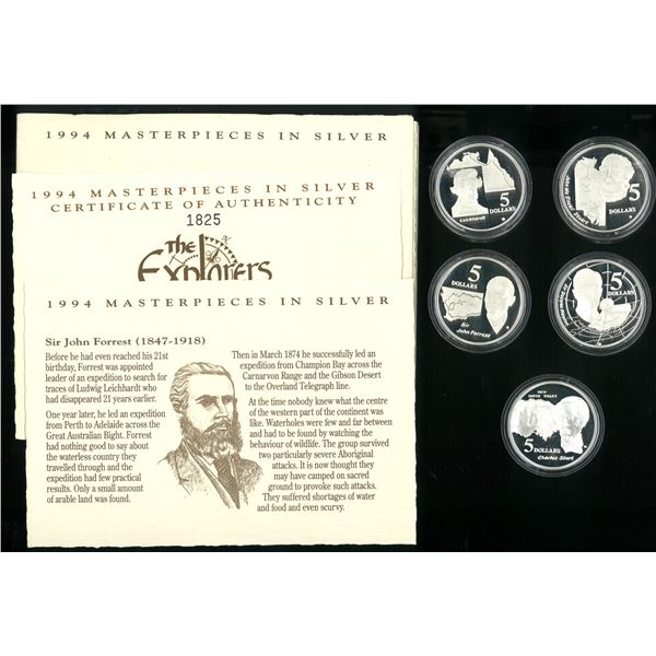 Australia, 1994, Set of (5), Masterpieces in Silver;  0.925 Silver Proof $5 Set (Mintage: 20,000 set