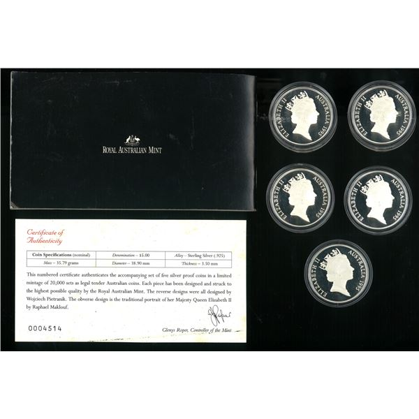 Australia, 1995, Set of (5), Masterpieces in Silver;  0.925 Silver Proof $5 Set (Mintage: 20,000 set