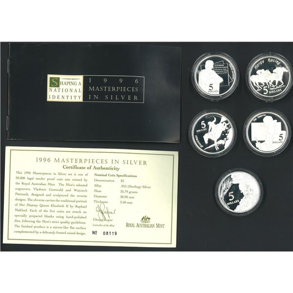 Australia, 1996, Set of (5), Masterpieces in Silver;  0.925 Silver Proof $5 Set (Mintage: 20,000 set