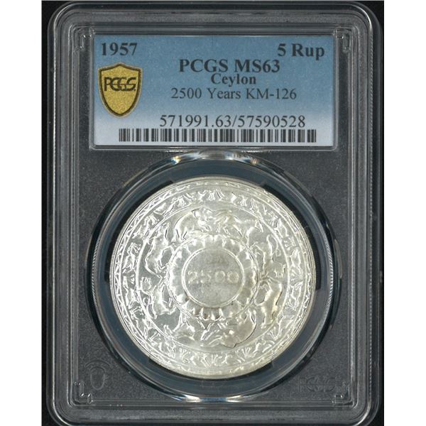 Ceylon, 1957, 2500 Years of Buddhism commemorative 5 Rupee silver coin. PCGS MS63. (57590528)