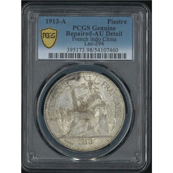 French Indo China, 1913-A, 1 Piastre silver coin. PCGS Repired -AU Detail. (54107460)