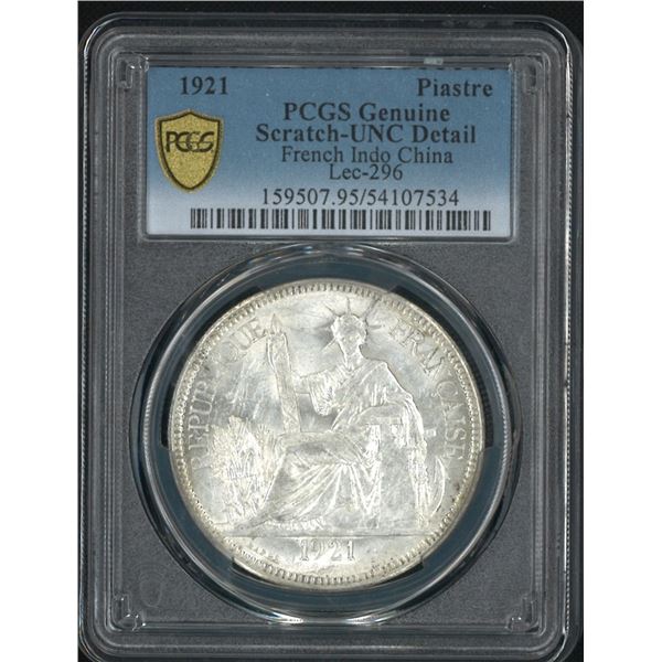 French Indo China, 1921, 1 Piastre silver coin. PCGS Scratch- UNC Detail. (54107534)