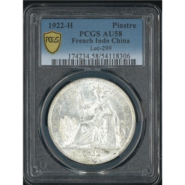 French Indo China, 1922-H, 1 Piastre silver coin. PCGS AU58. (54118306)