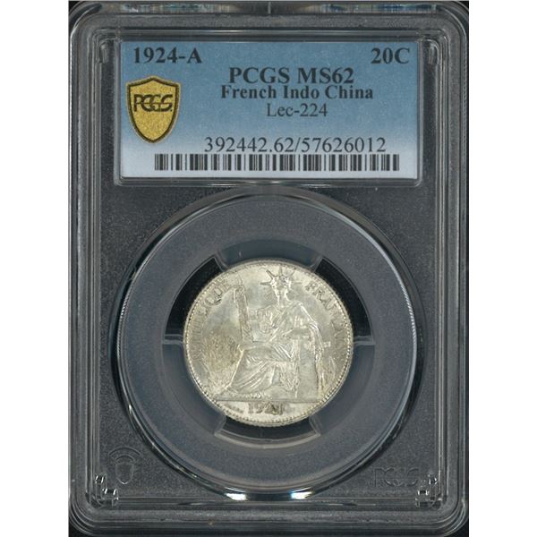 French Indo China, 1924, 20 Cents, PCGS MS 62.