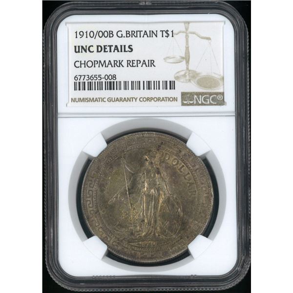 Great Britain, 1910/00 B, Overdate, $1, NGC UNC Details. Chopmark Repair.