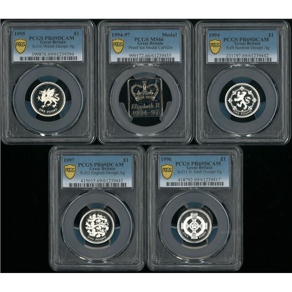 [Top Pop]  Great Britain, Set of (5) 1994 - 97,  Proof silvers £1 (4) & Medal (1) with original box 