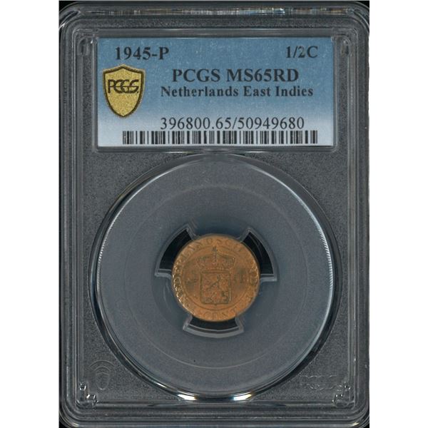 Netherlands East Indies, 1945-P, 1/2  cent, PCGS MS65RD.