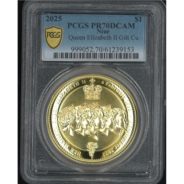 Niue, 2025, Queen Elizabeth II Gilt Cu, $1, PCGS PR70DCAM. (61239153)