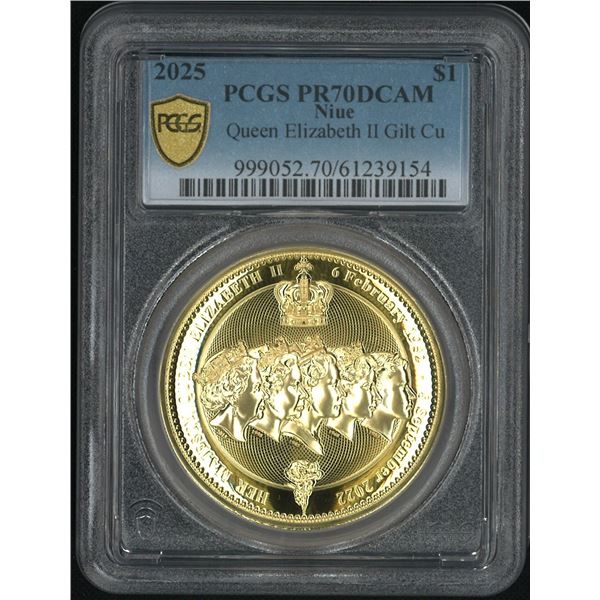 Niue, 2025, Queen Elizabeth II Gilt Cu, $1, PCGS PR70DCAM. (61239154)