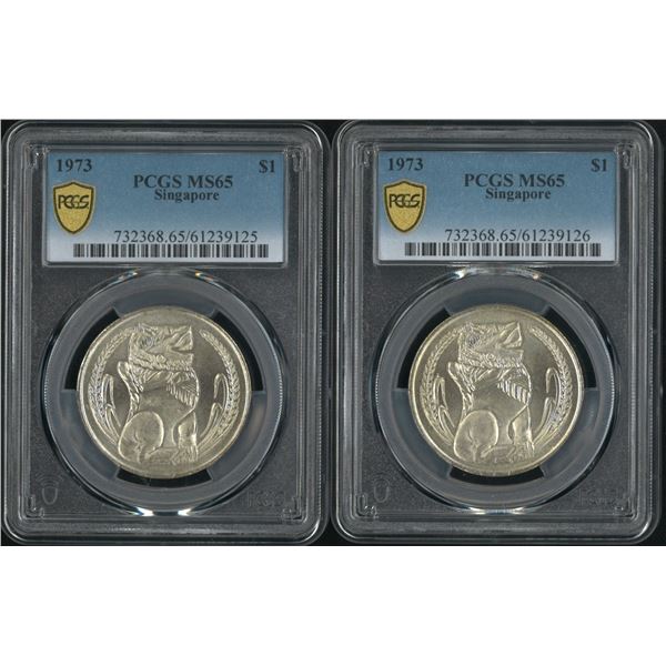 Singapore, 1973, lot of 2, $1. Both PCGS MS65. (61239125/126)