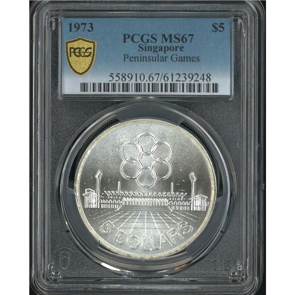 Singapore, 1973, Peninsular Games $5 silver coin. PCGS MS67. (61239248)