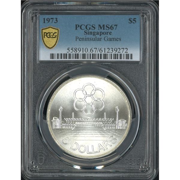 Singapore, 1973, Peninsular Games $5 silver coin. PCGS MS67. (61239272)