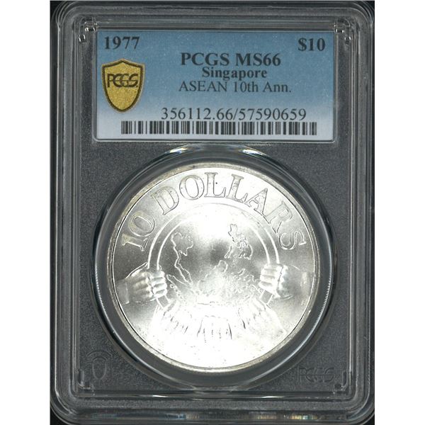 Singapore, 1977, ASEAN 10 th Anniversary $10 silver coin. PCGS MS66. (57590659)