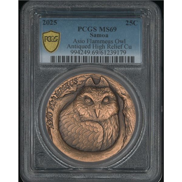 Samoa, 2025, Asio Flammeus Owl , 25 cents. PCGS MS69. (61239179)
