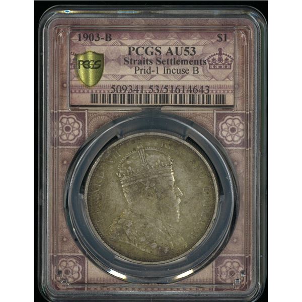 Straits Settlement, 1903B, $1, Incuse "B" varity. PCGS AU53. Special label. (51614643)