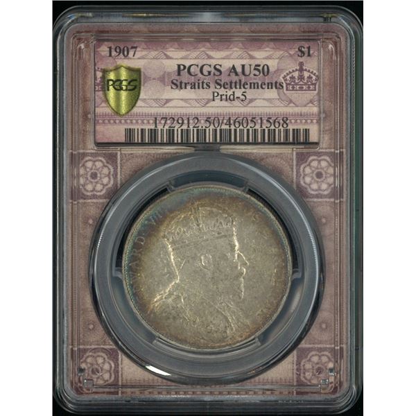 Straits Settlement, 1907, $1, eye appealing Rainbow color tonning. PCGS AU50. Special label. (460515
