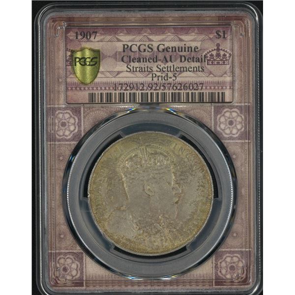Straits Settlement, 1907, $1, PCGS Cleaned- AU Detail. Special label. (57626027)