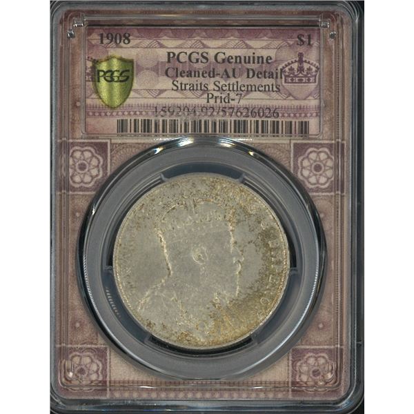 Straits Settlement, 1908, $1, PCGS Cleaned- AU Detail. Special label. (57626026)